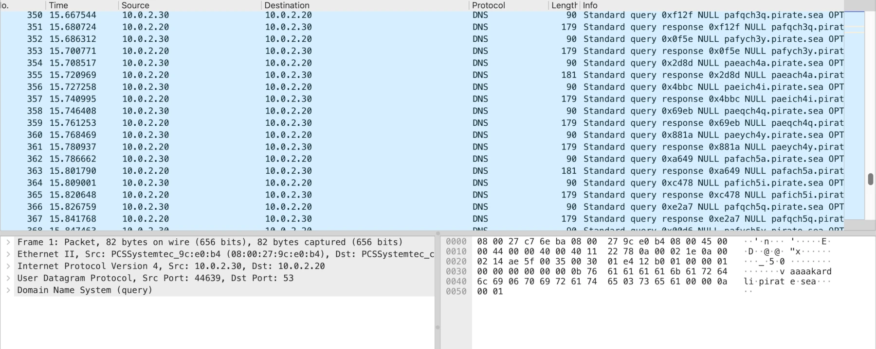 Wireshark showing repeated DNS NULL query and response sequence over time