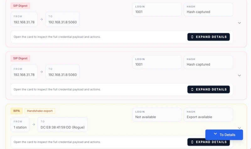 A-Packets credentials extraction showing detected logins across multiple protocols