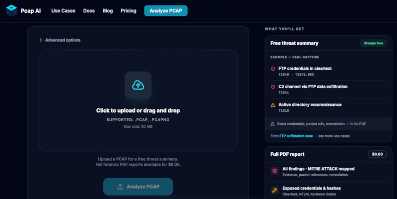 PcapAI upload interface for PCAP file analysis