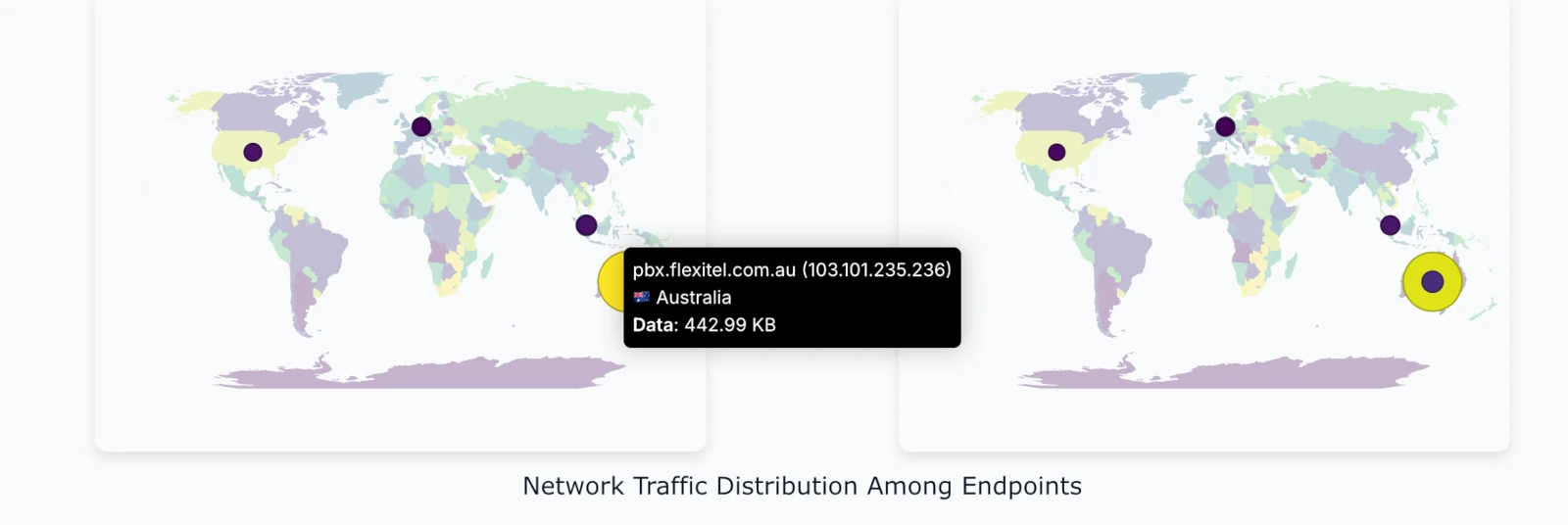 A-Packets world map of external destination IPs by country and traffic volume