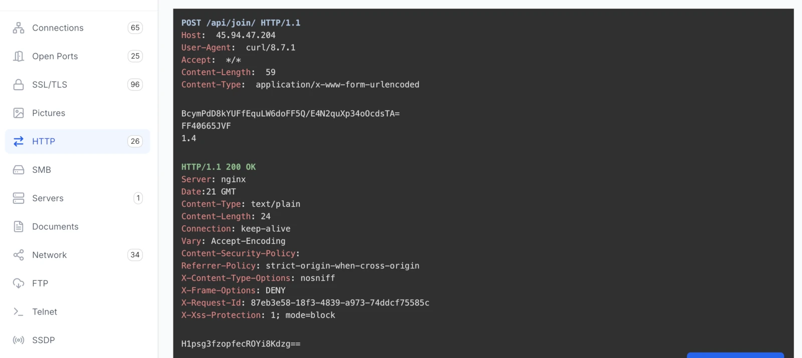 The /api/join registration request body with a base64 key, a Mac-serial-like identifier and version 1.4, and the 24-byte bot ID returned by the server