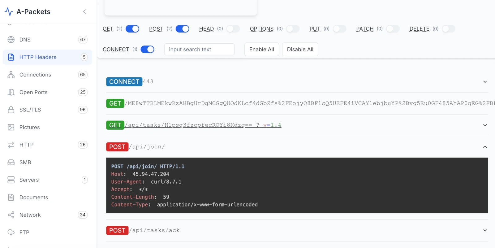 A-Packets HTTP methods view showing GET, POST and CONNECT, with the POST /api/join request to 45.94.47.204 using a curl user agent