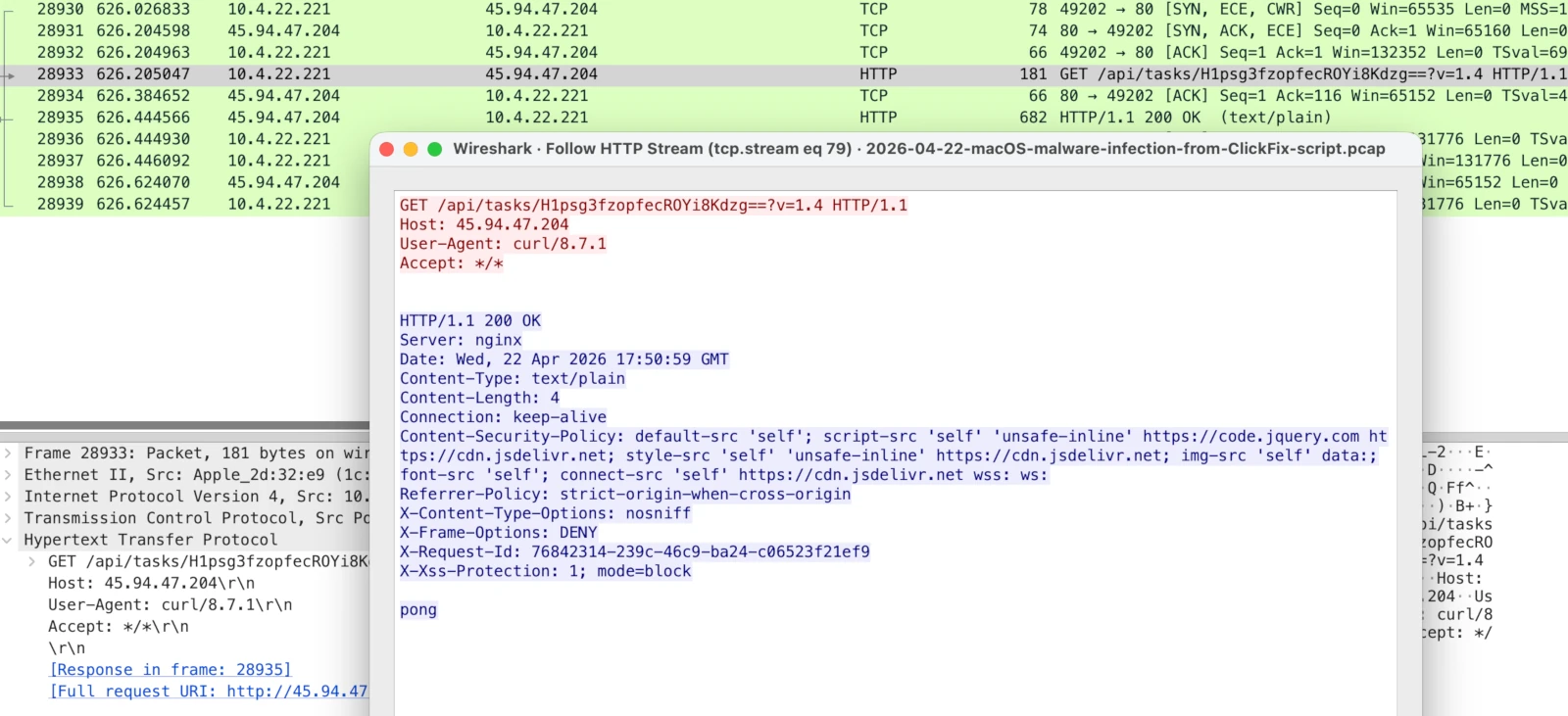 Wireshark Follow HTTP Stream showing the GET /api/tasks request and a 4-byte pong response from 45.94.47.204