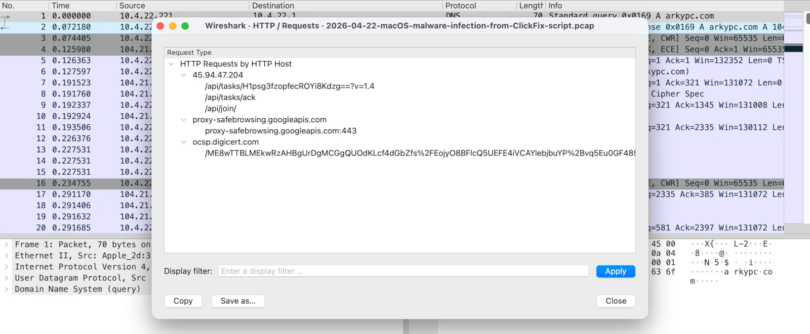 Wireshark HTTP requests by host for the macOS ClickFix capture, showing Apple hosts and a bare IP 45.94.47.204 serving /api/tasks