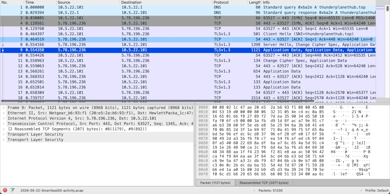 Wireshark overview of the 53 MB SmartApeSG capture with thousands of mixed HTTP, TLS and DNS packets
